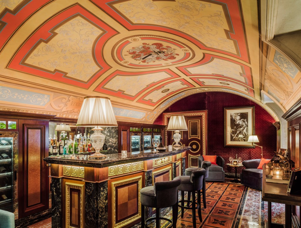 Egyptian revival motifs in the bar at Denham Place, Buckinghamshire, UK. Photograph: Alex Kravetz Design