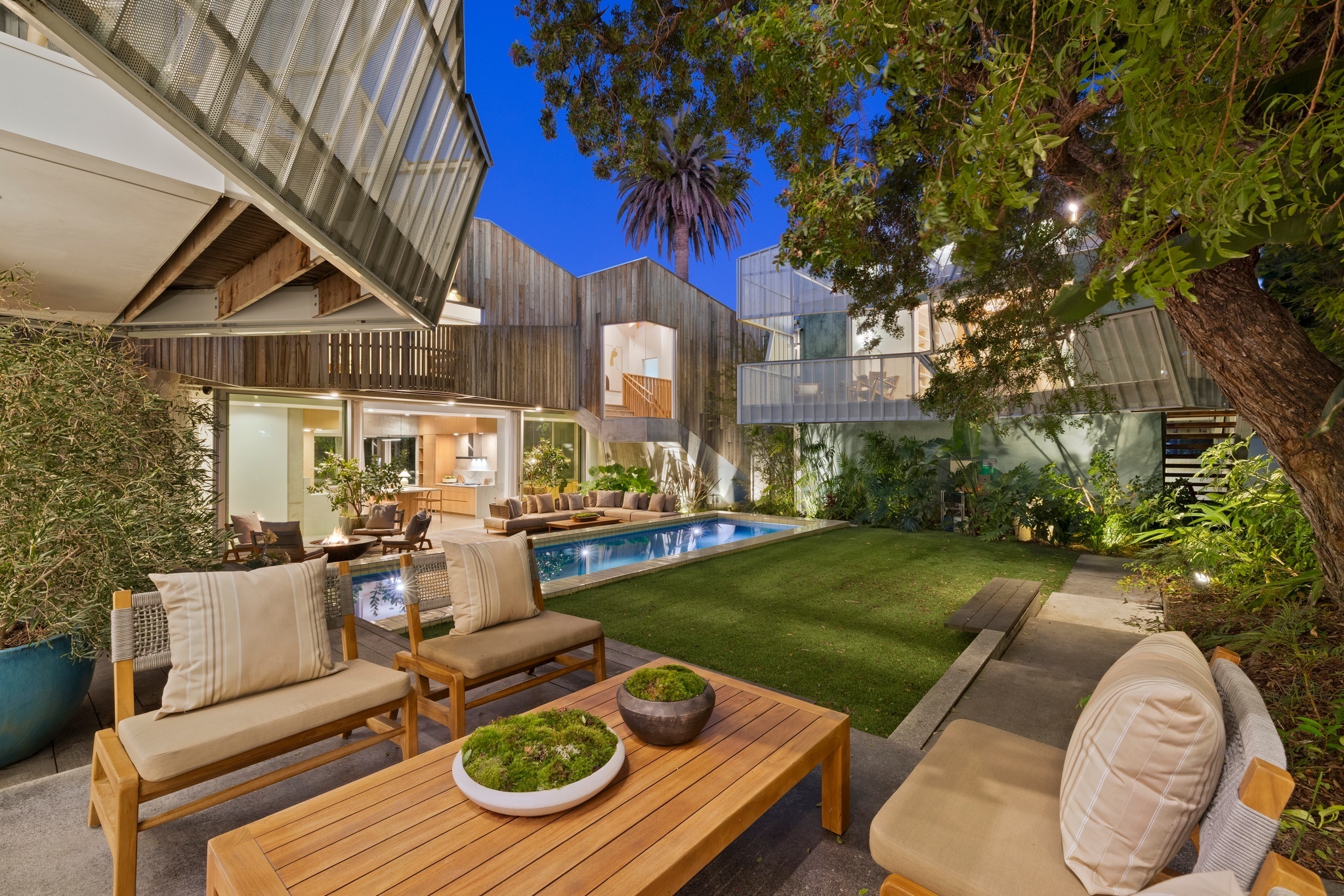courtyard and pool surrounded by contemporary structures