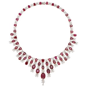 platinum and gold necklace with rubies and diamonds