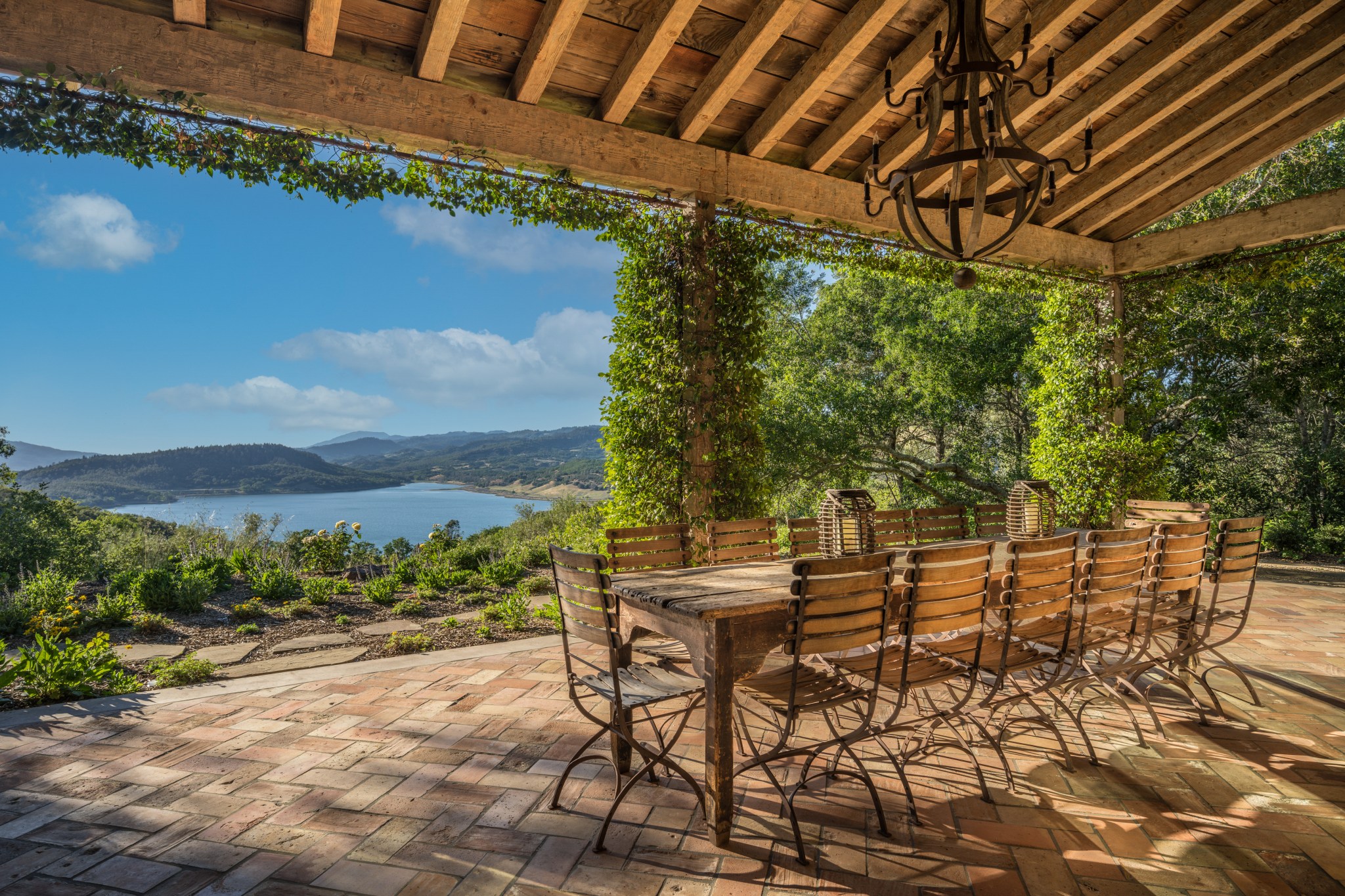 outdoor dining area with water views