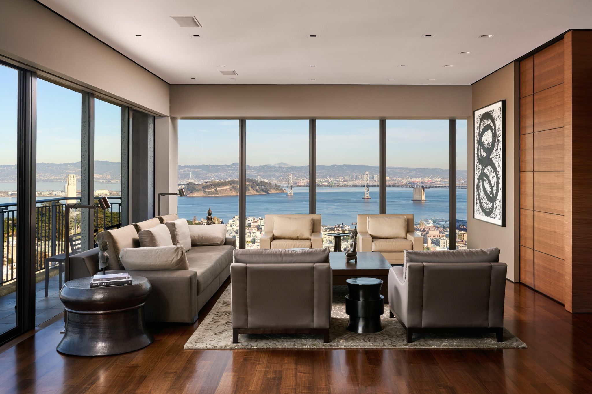 living room with aerial city views