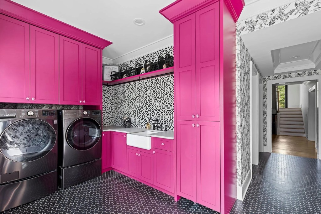 pink cabinets in laundry room