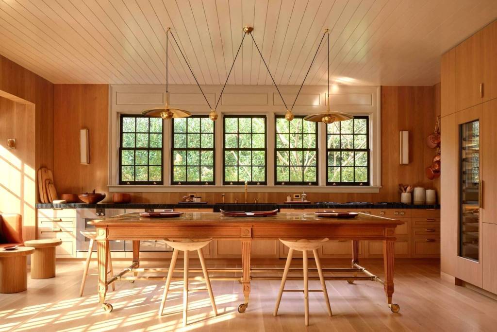 open kitchen with warm wood accents