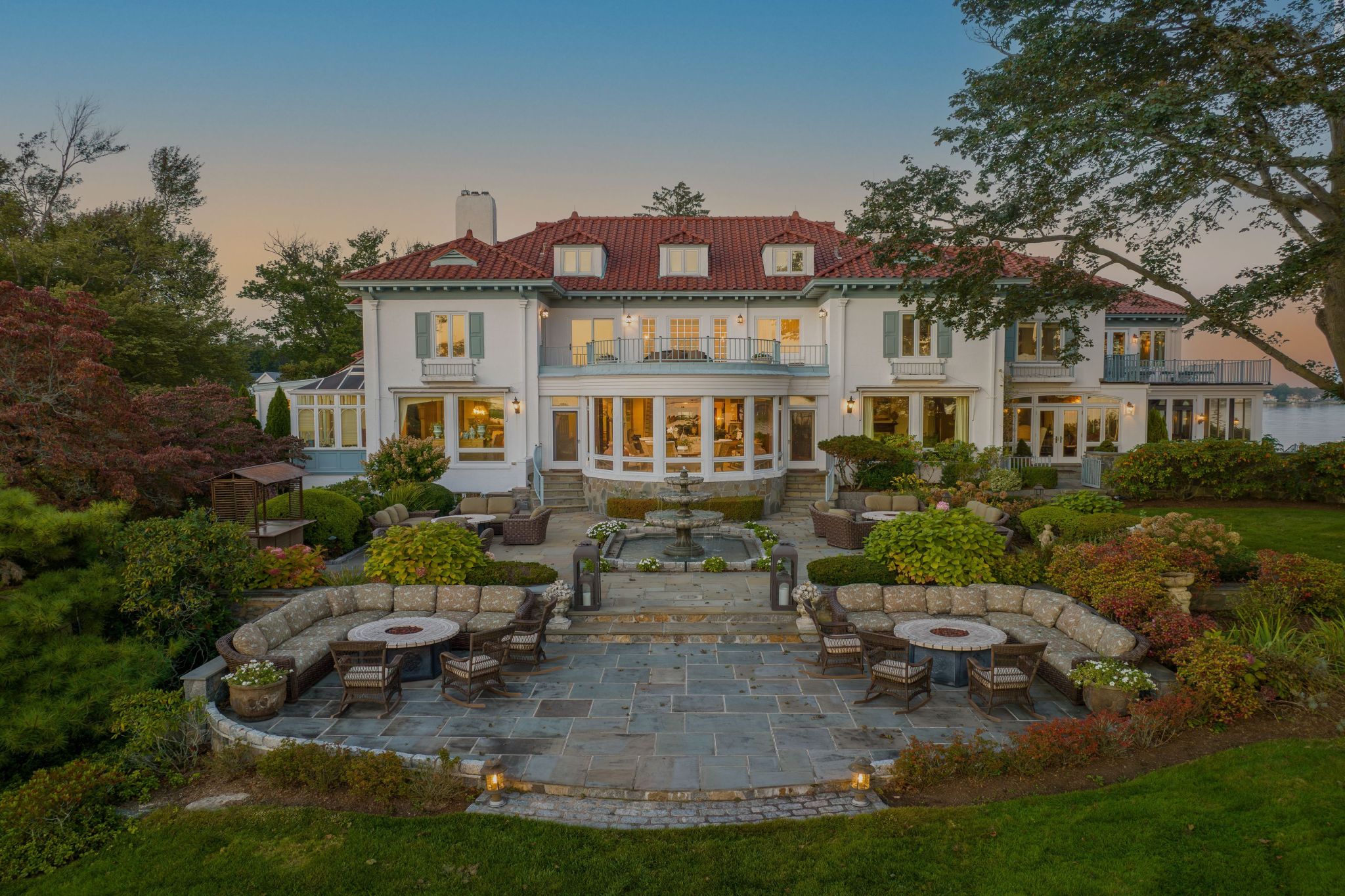 exterior of Cedar Cliff villa in Connecticut at sunset