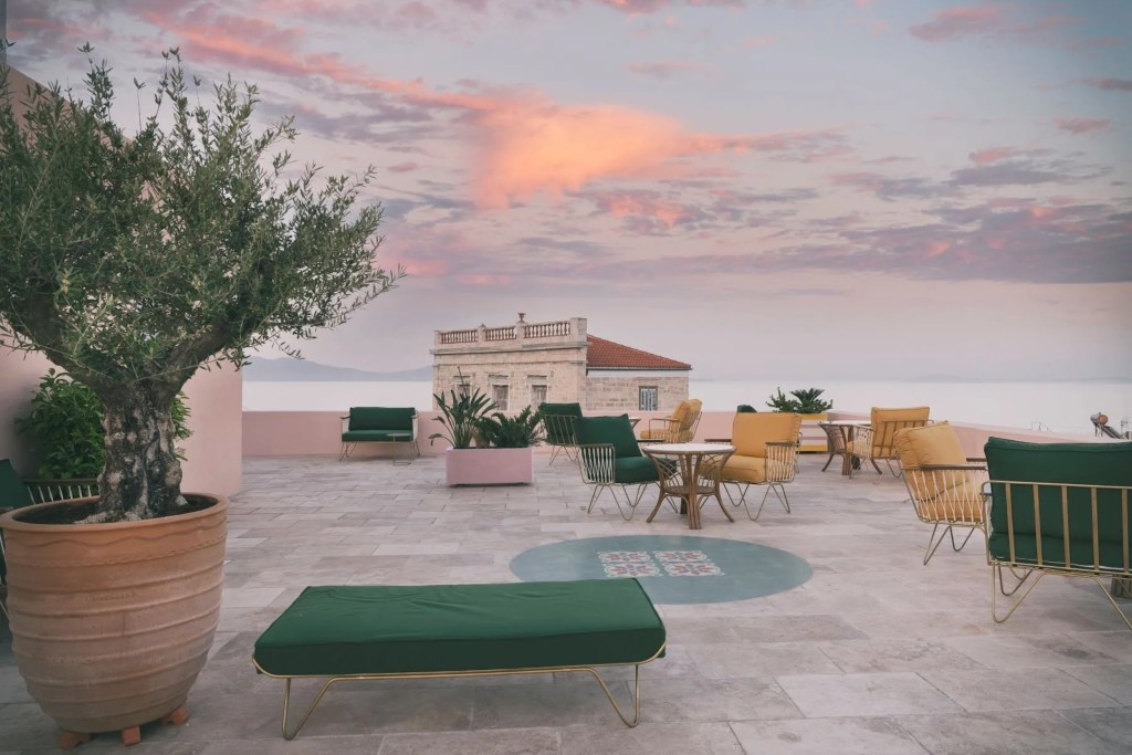rooftop terrace in Greece with sunset