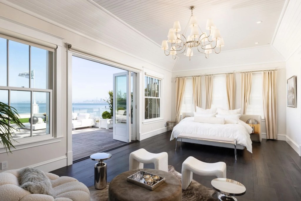 Bedroom in California home opening to an outdoor terrace