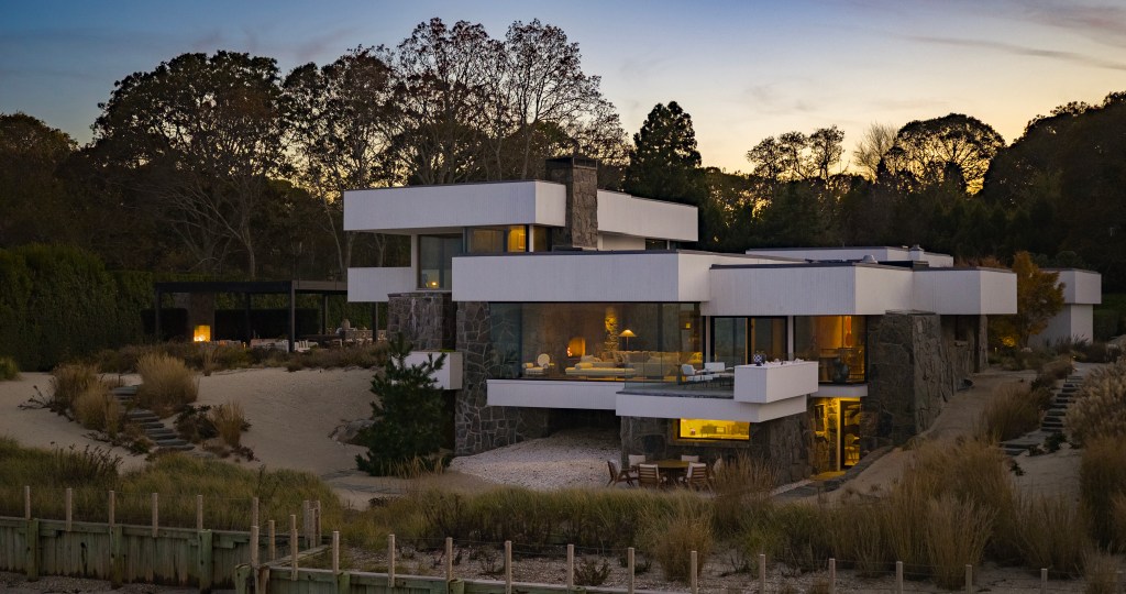 exterior of Shelter Island, New York contemporary coastal home at twilight