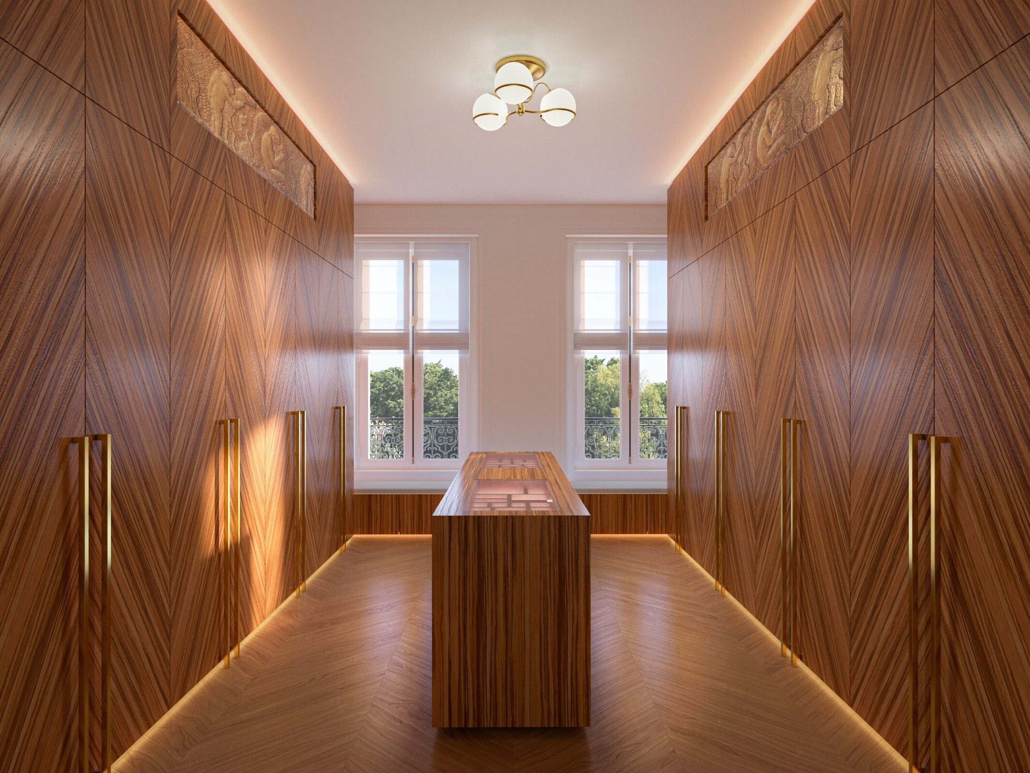 herringbone wood patterned dressing room in Parisian home