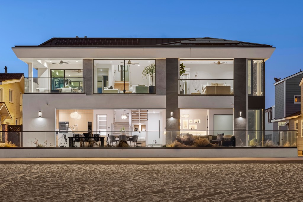 exterior of well-lit Newport Beach, California home 