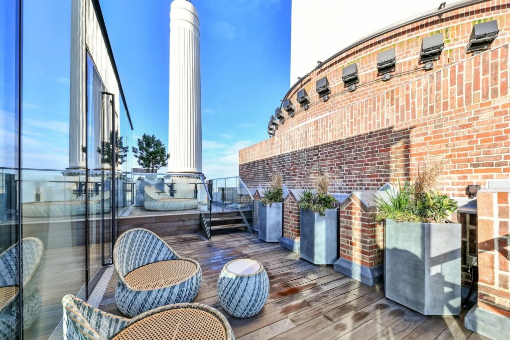 exterior patio in Battersea, London penthouse with brick facade
