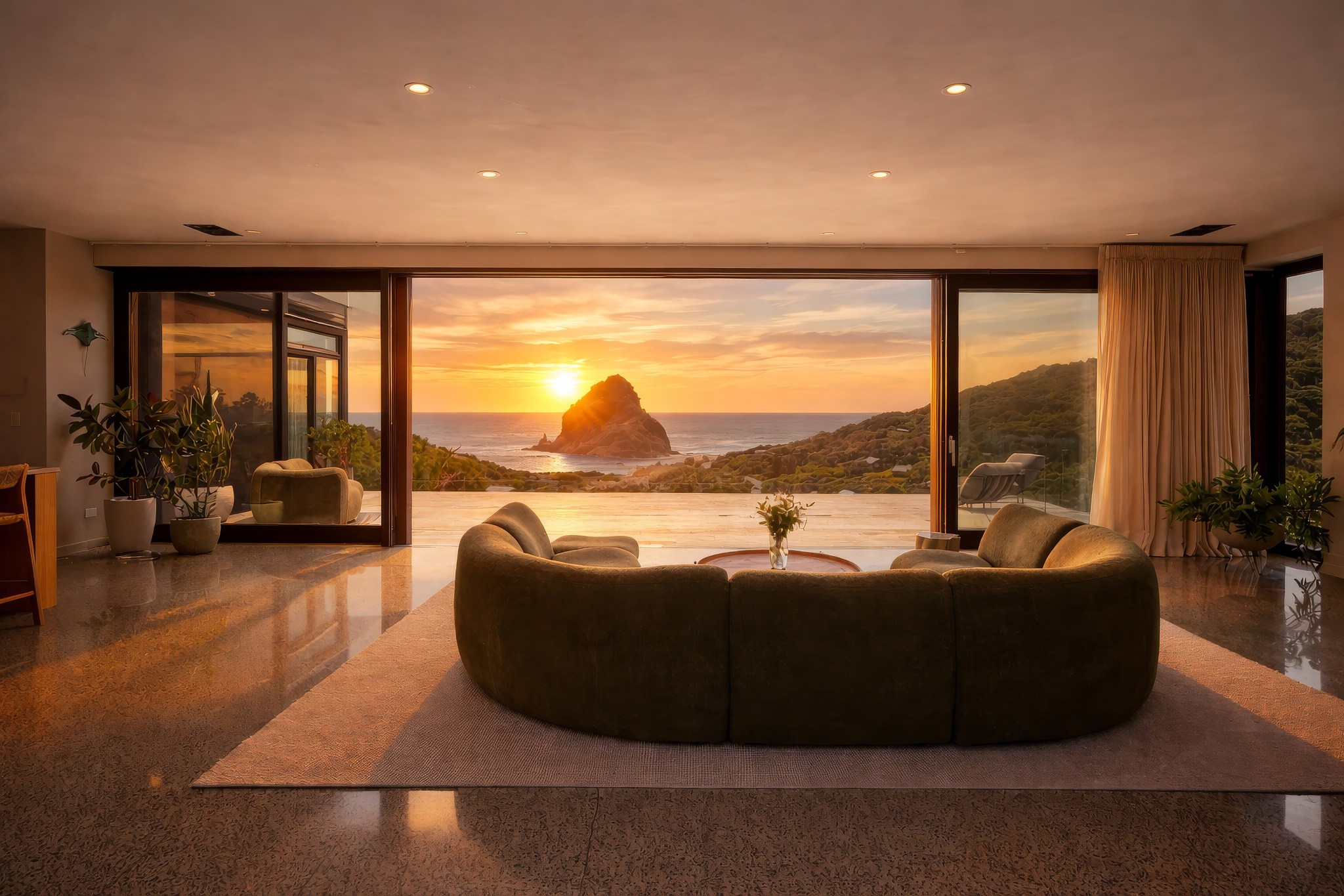 interior of New Zealand sitting room with sunset views of the coast