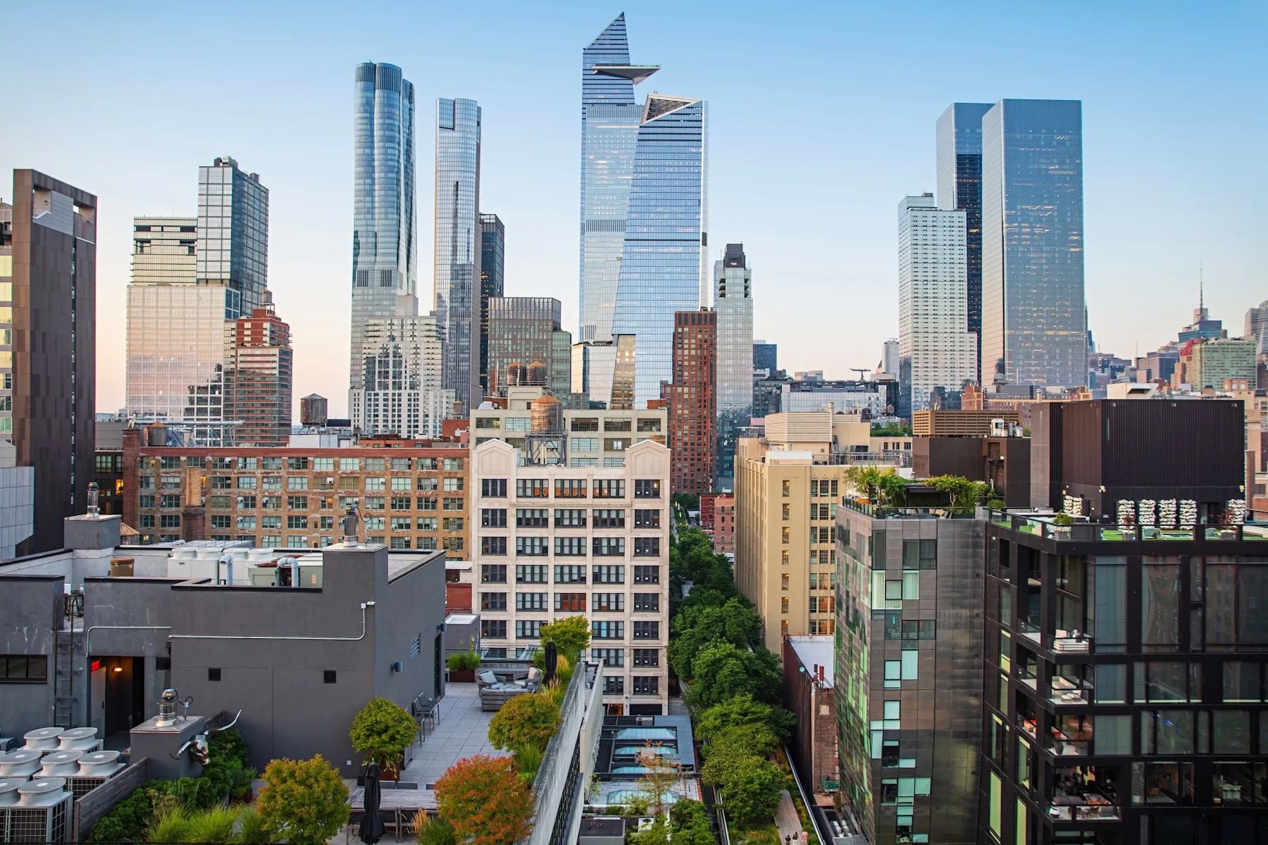 aerial side view of New York City buildings and skyscrapers
