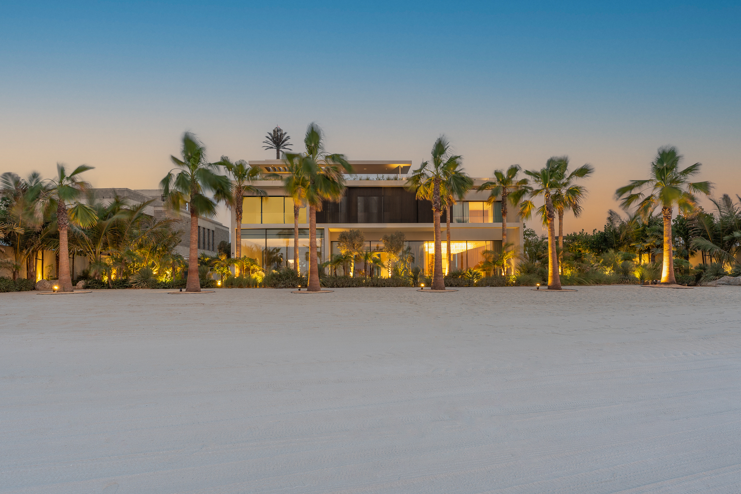 Beachfront estate at sunset in Dubai, United Arab Emirates