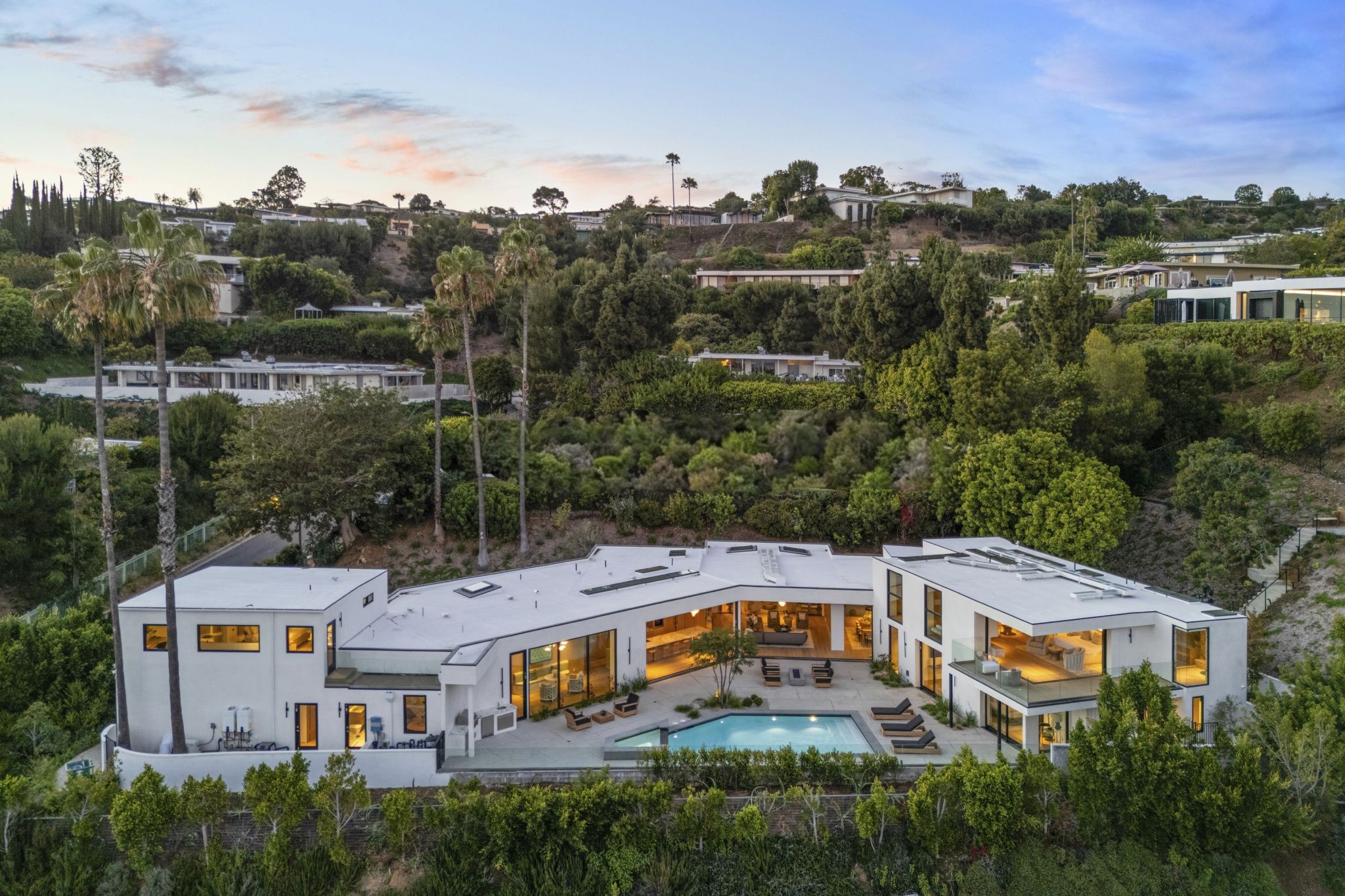aerial view of contemporary hillside home in Beverly Hills
