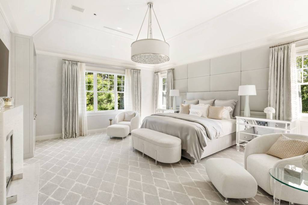 all white primary bedroom in Southampton, NY home
