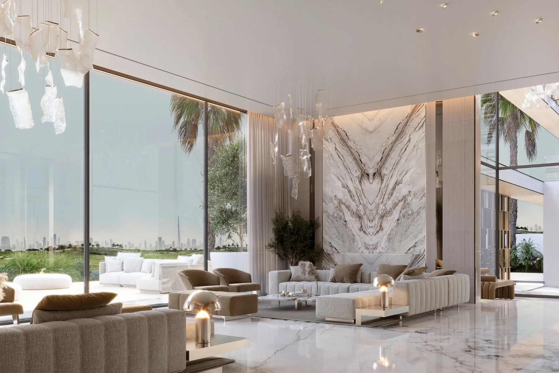 Grand living room with floor-to-ceiling windows and a dramatic marble fireplace in Dubai, United Arab Emirates.