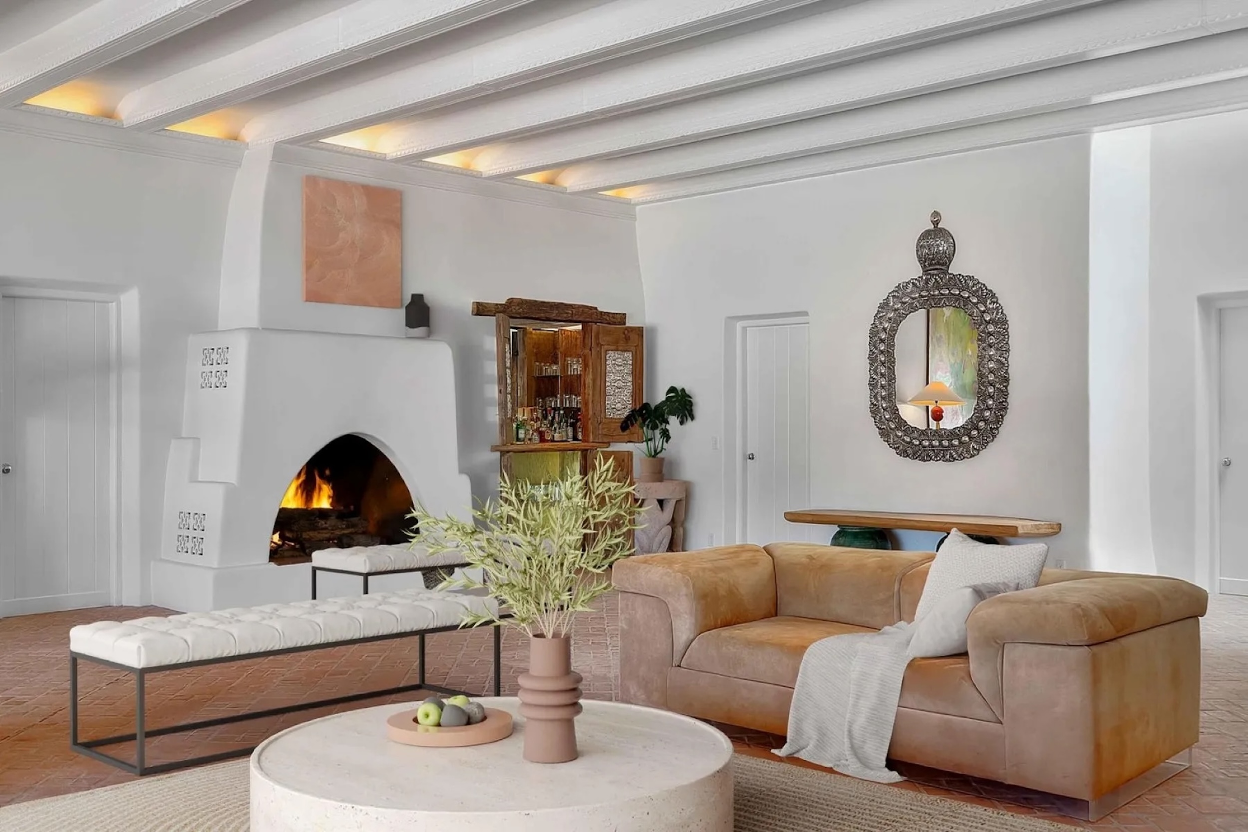 white sitting room in Arizona with terracotta accent furniture