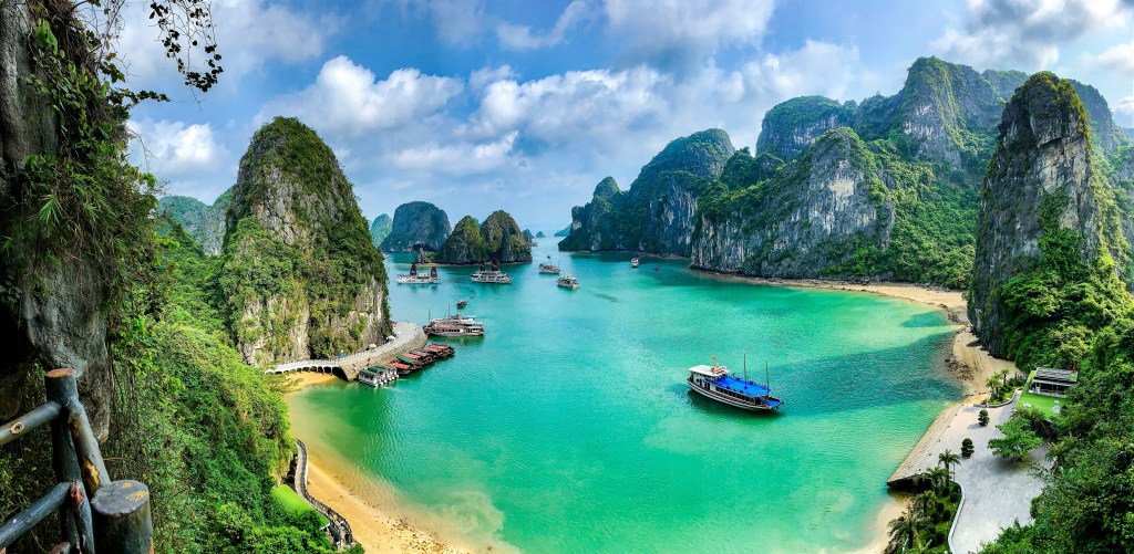 View of turquoise ocean and small islands in Vietnam.
