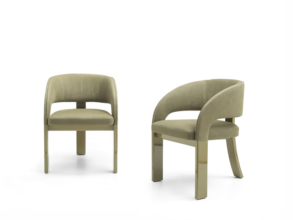 Two views of a light green upholstered armchair with curved arms and a lacquered frame, shown from the front and at an angle on a white background.