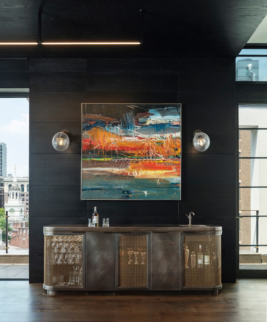 curved mesh bar by Amuneal in a Philadelphia penthouse