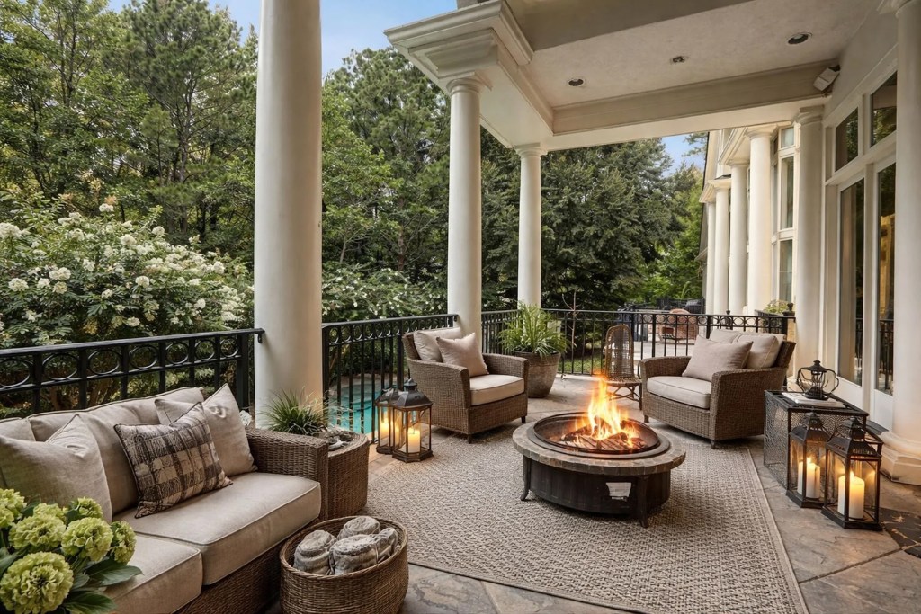Veranda in Georgia home with firepit, seating, and accent lights