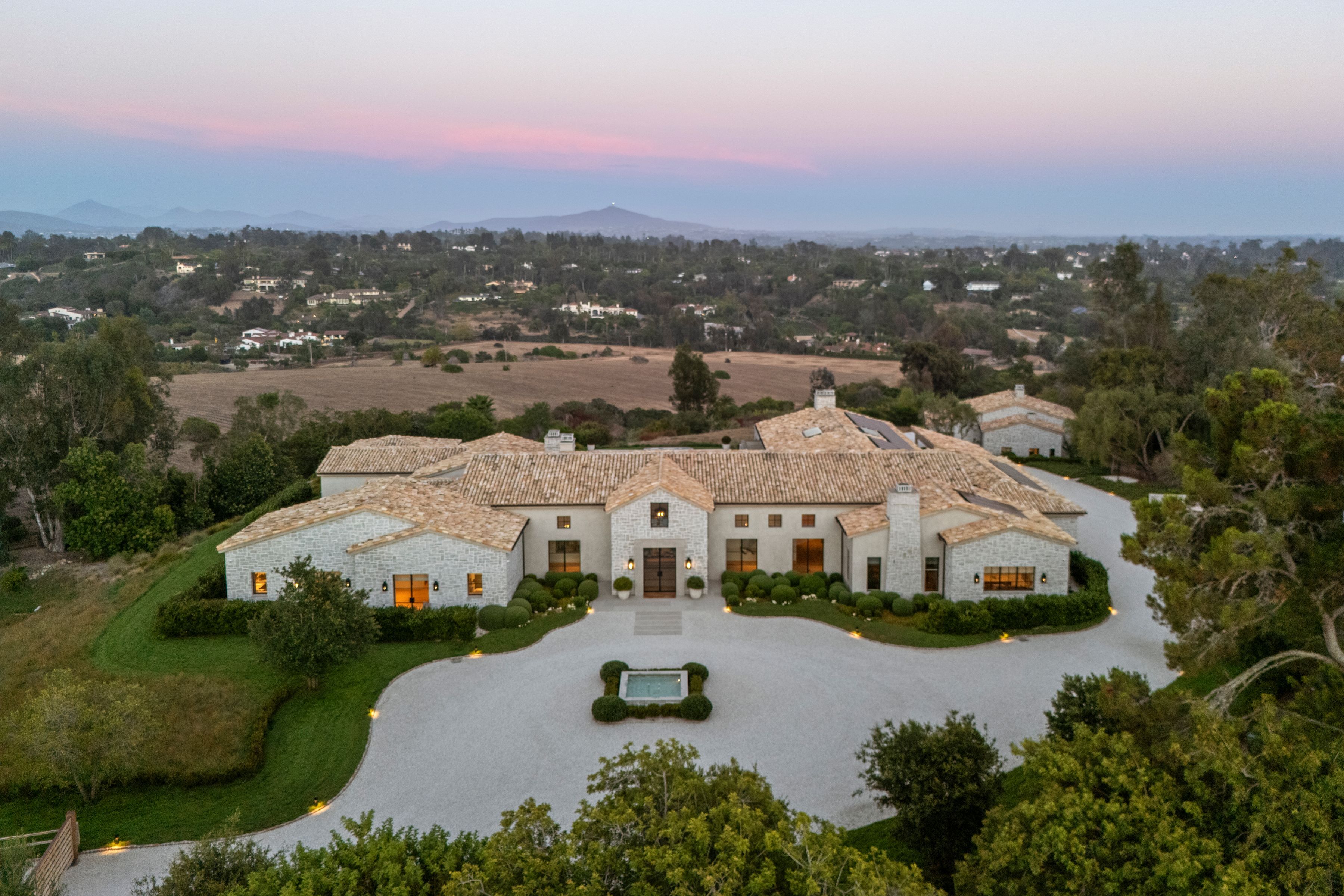 aerial exterior of Maison de Campagne in Rancho Santa Fe, California