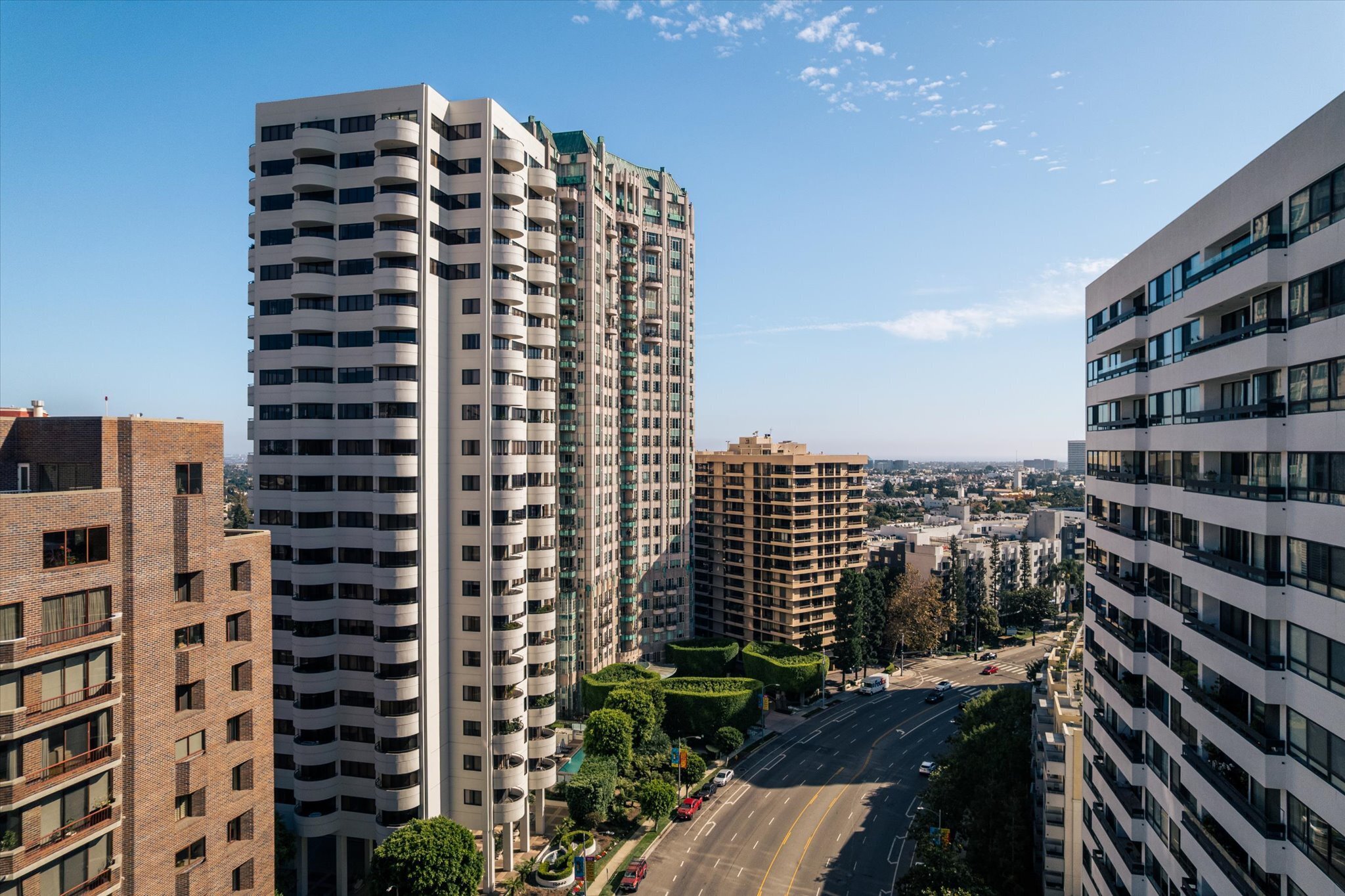 aerial view of Wilshire Boulevard and building exteriors in Los Angeles