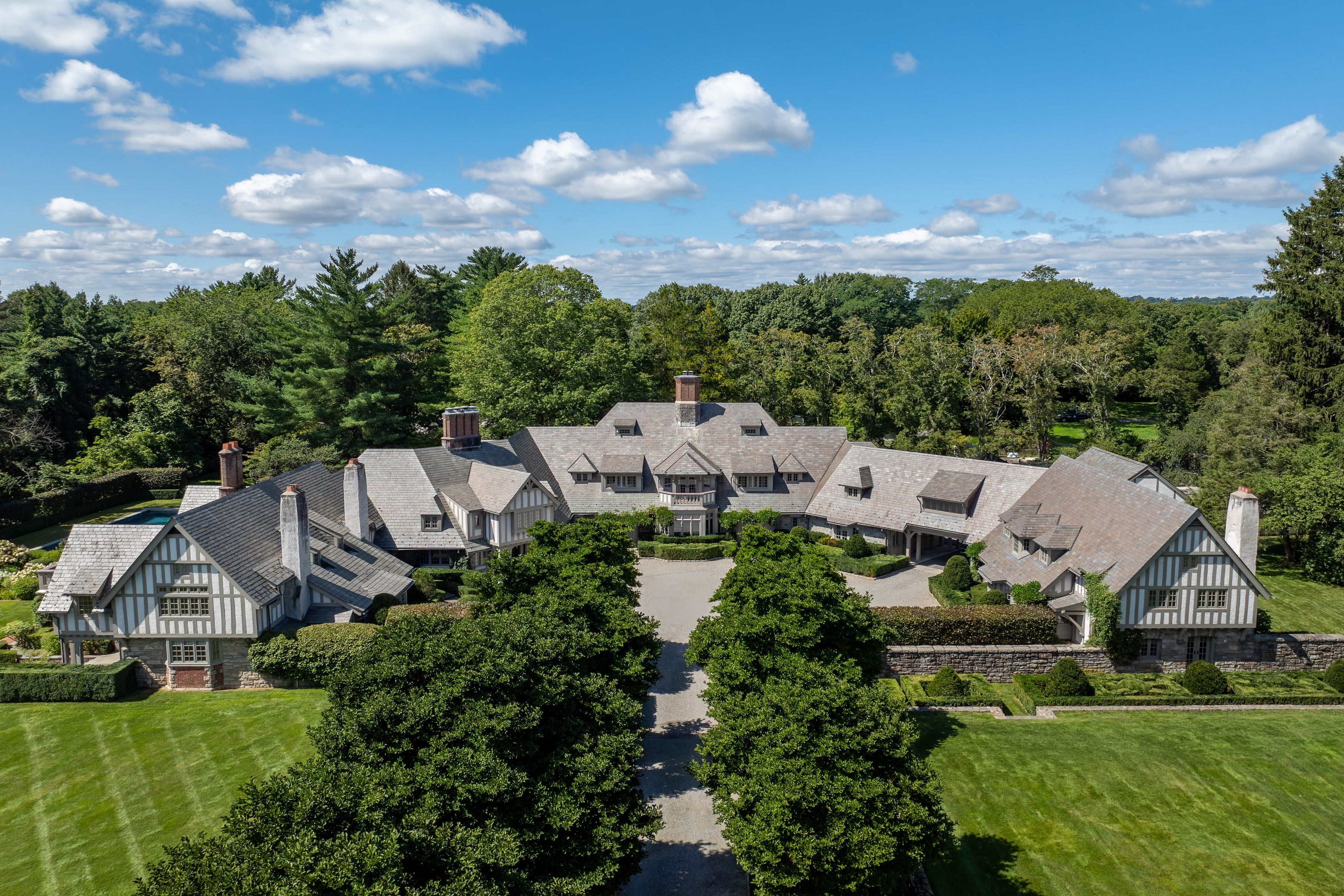 exterior of Tudor-style estate in Greenwich, Connecticut