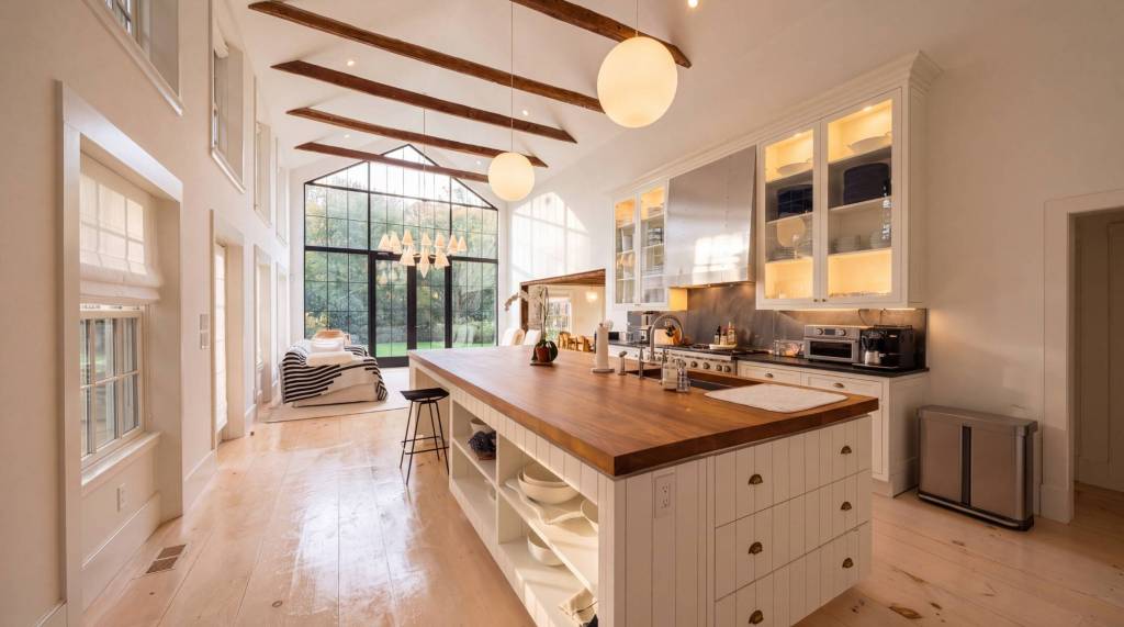 contemporary kitchen with white and natural wood island, built in shelving in the background, and great room with large floor to ceiling windows and exposed wood beams