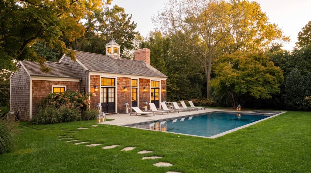 exterior photo of pool with shingle-style guest house, large trees and lush landscaping